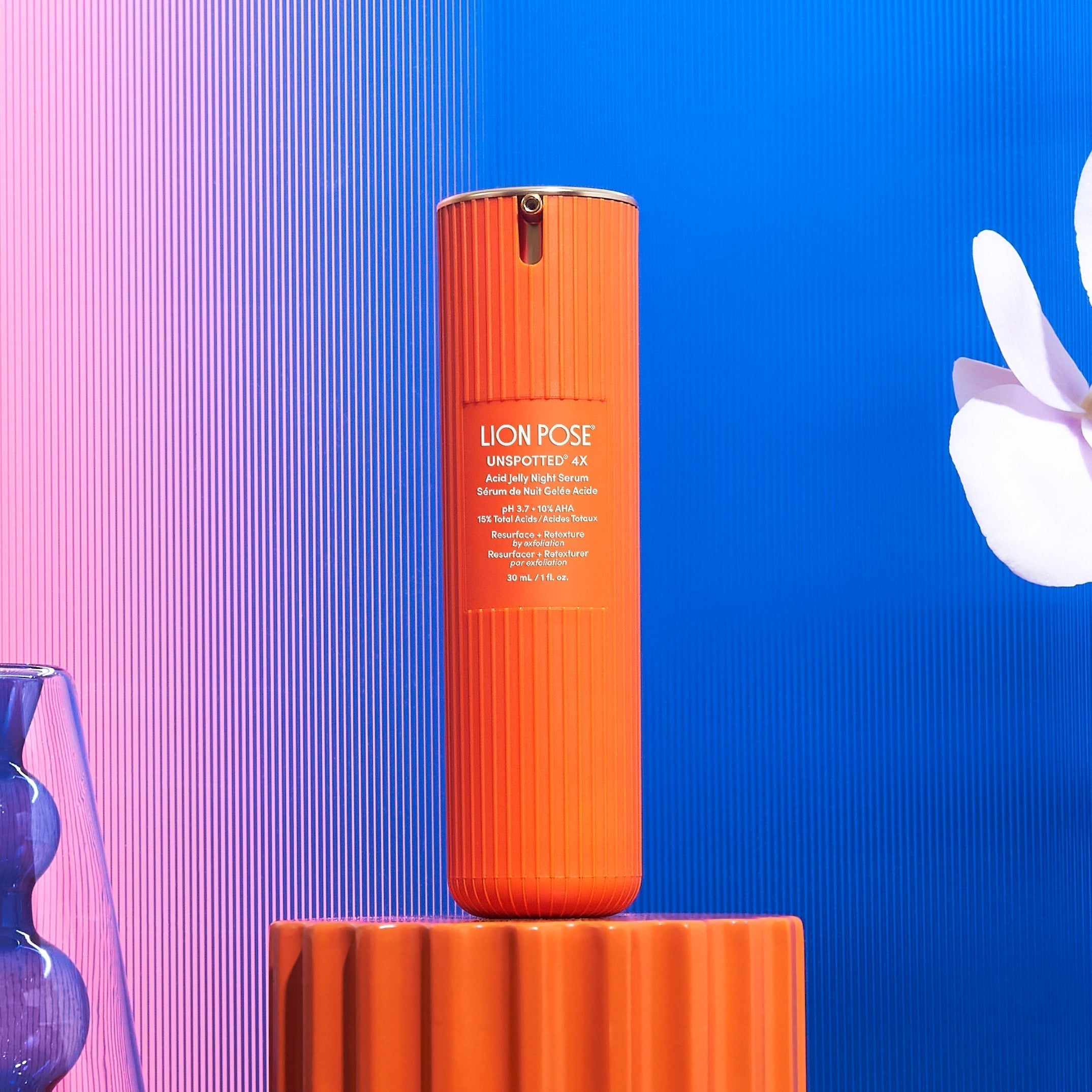 Clean product image of Lion Pose UNSPOTTED 4X Acid Jelly Night Serum, featuring a dermatologist-developed multi-acid serum for reducing sun spots and discoloration.