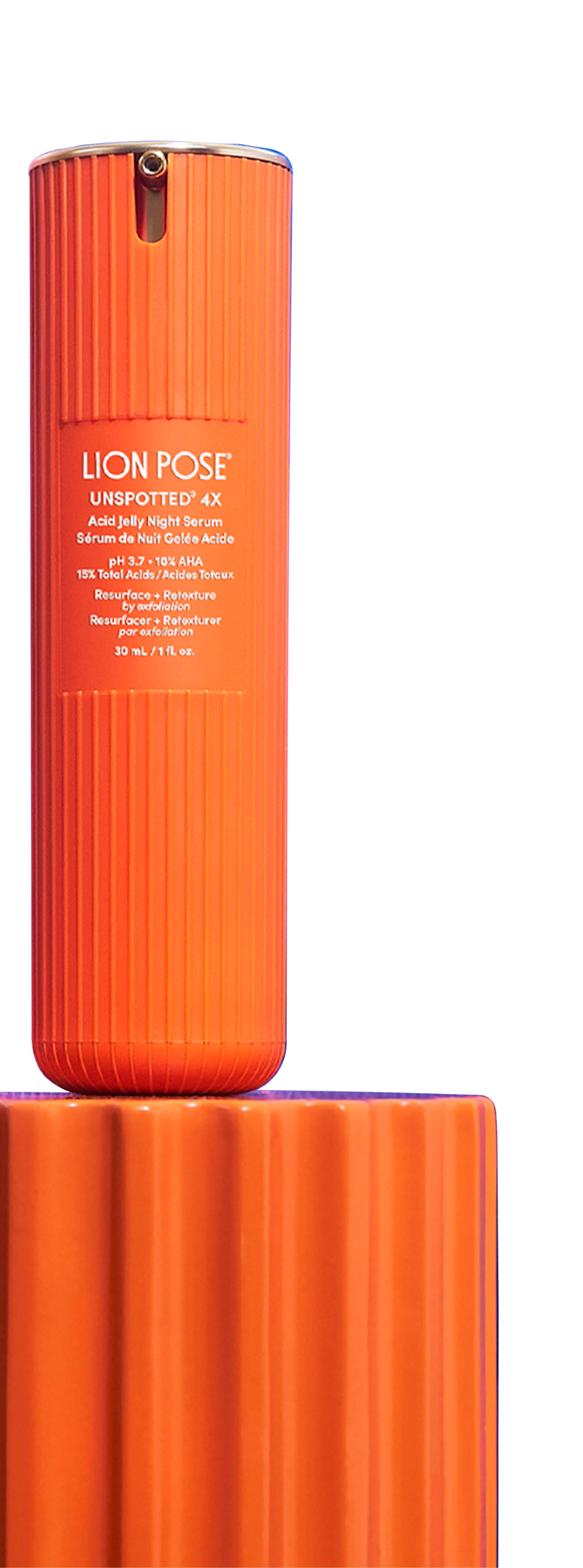 Clean, modern product image of Lion Pose UNSPOTTED 4X Acid Jelly Night Serum, featuring a dermatologist-developed multi-acid serum for reducing sun spots and discoloration.