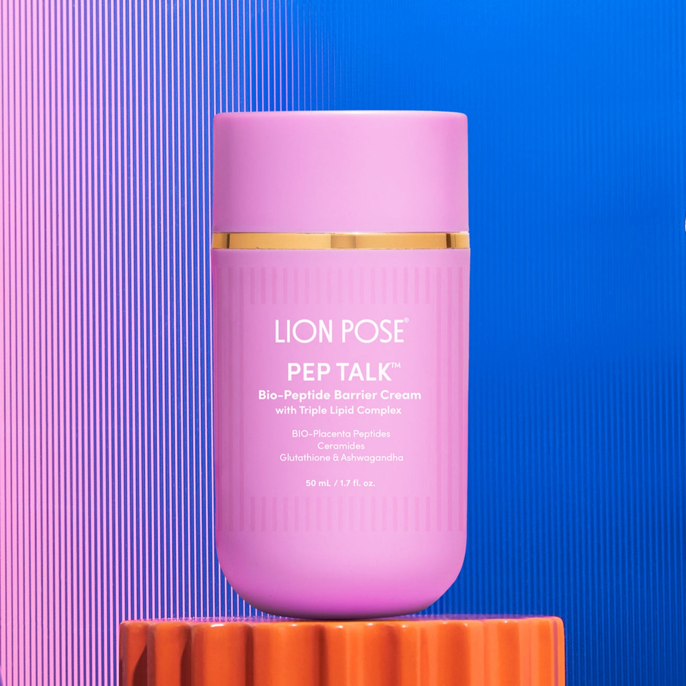 Lion Pose Pep Talk Barrier Repair Cream with Peptides + Ceramides shown in a minimal setting, highlighting a nourishing, eczema-friendly formula.